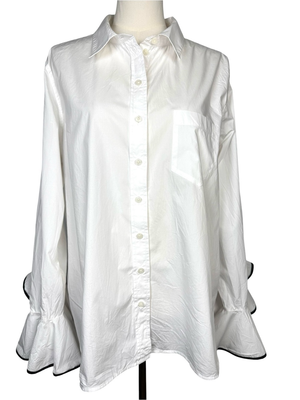 J.Crew Organic Cotton White Button Up Shirt Ruffle Cuff Black Trim Size 20 - Picture 1 of 8